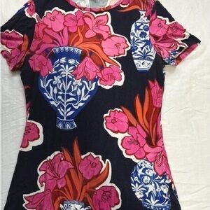 Ted Baker Black Short Sleeve Top with Pink Floral & Blue Vase Print